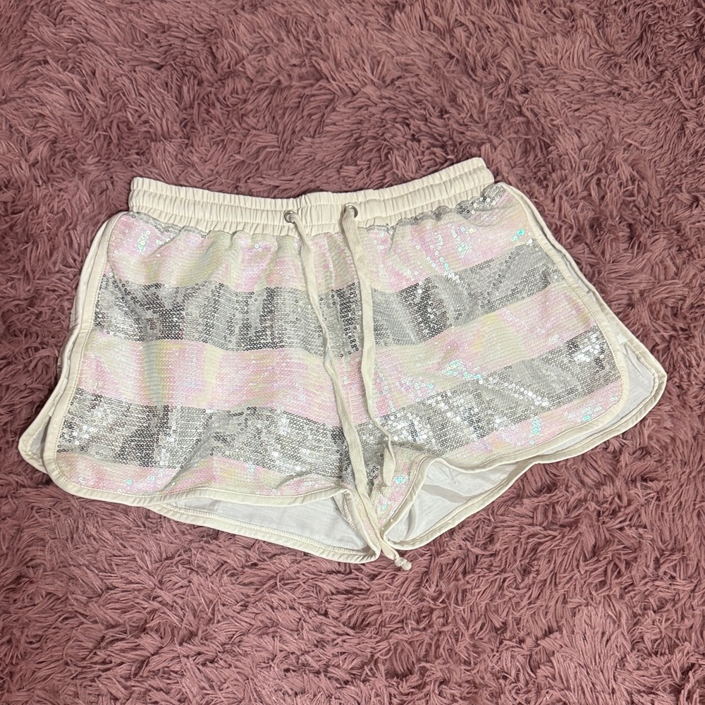 Gianni Bini Shimmering Silver, Iridescent and Cream Drawstring Shorts